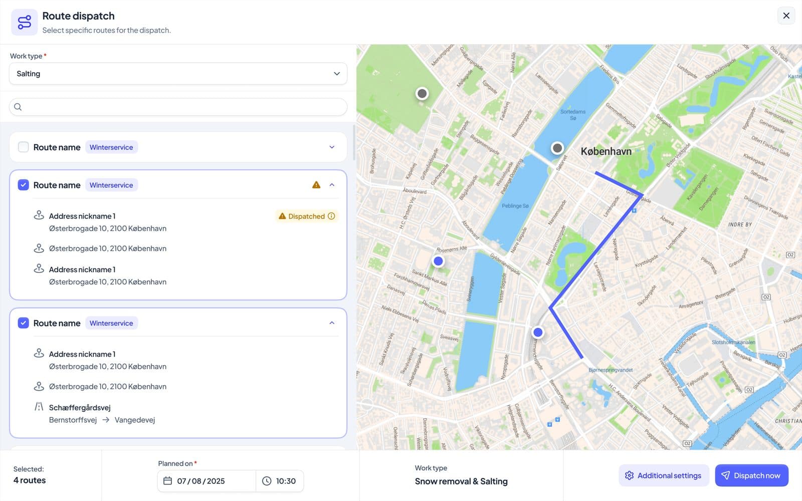Ruttutkall i SnowManager med stopp och rutten på kartan