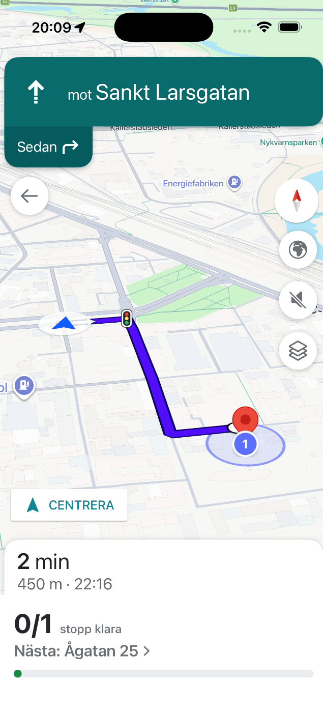 Vägbeskrivning till nästa stopp i SnowManager-appen