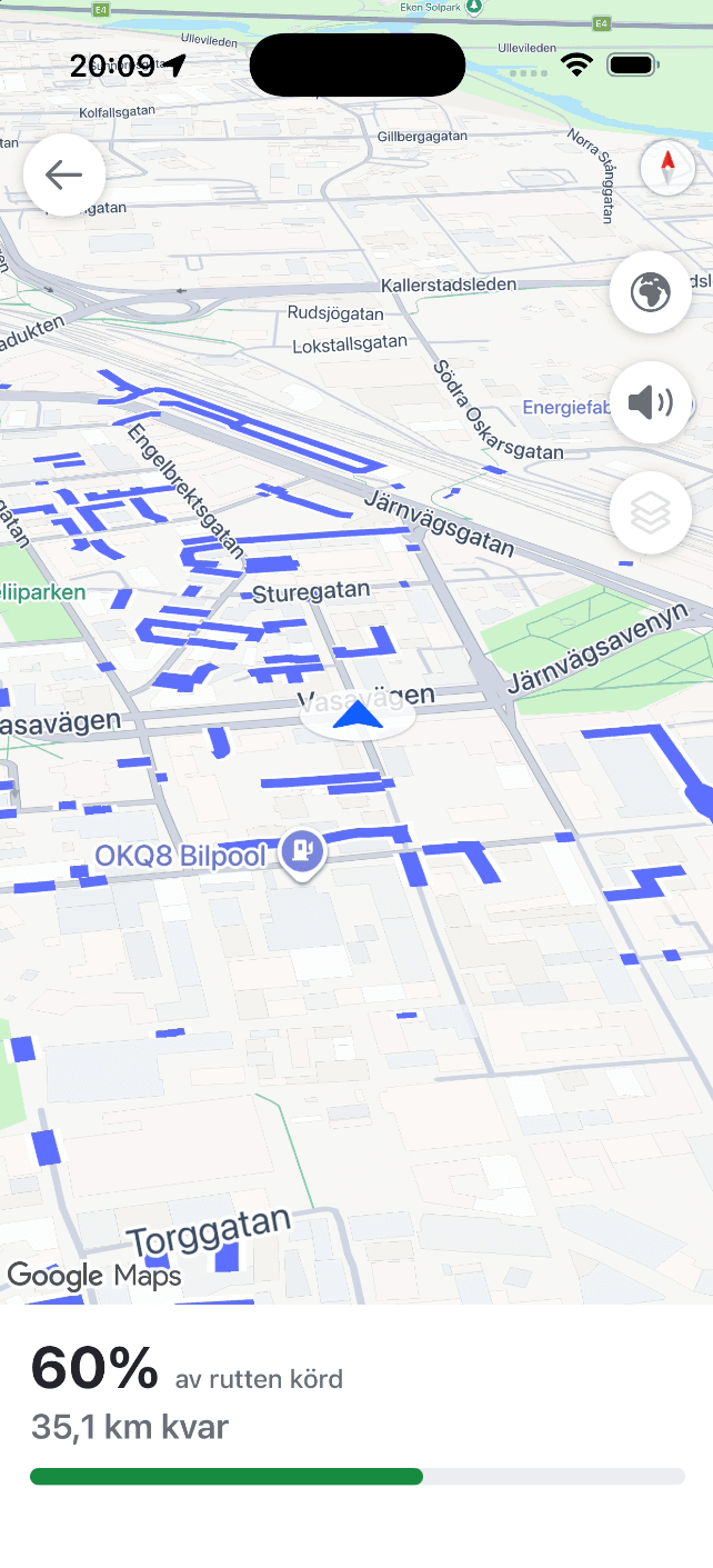 Körning av en vägrutt i SnowManager-appen med hur stor del av rutten som är körd