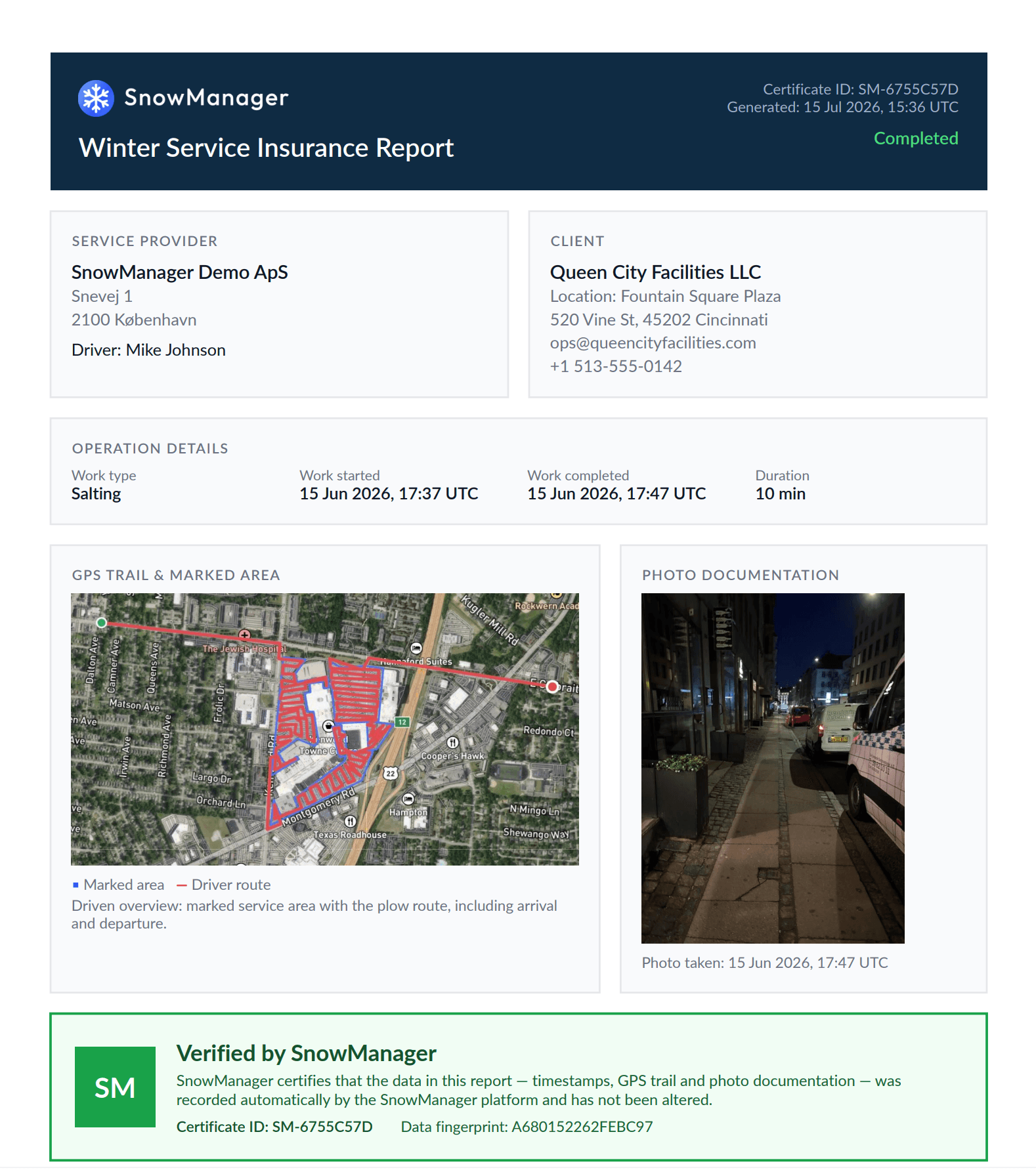 En riktig försäkringsrapport från SnowManager som PDF med GPS-spår, markerat område och foto