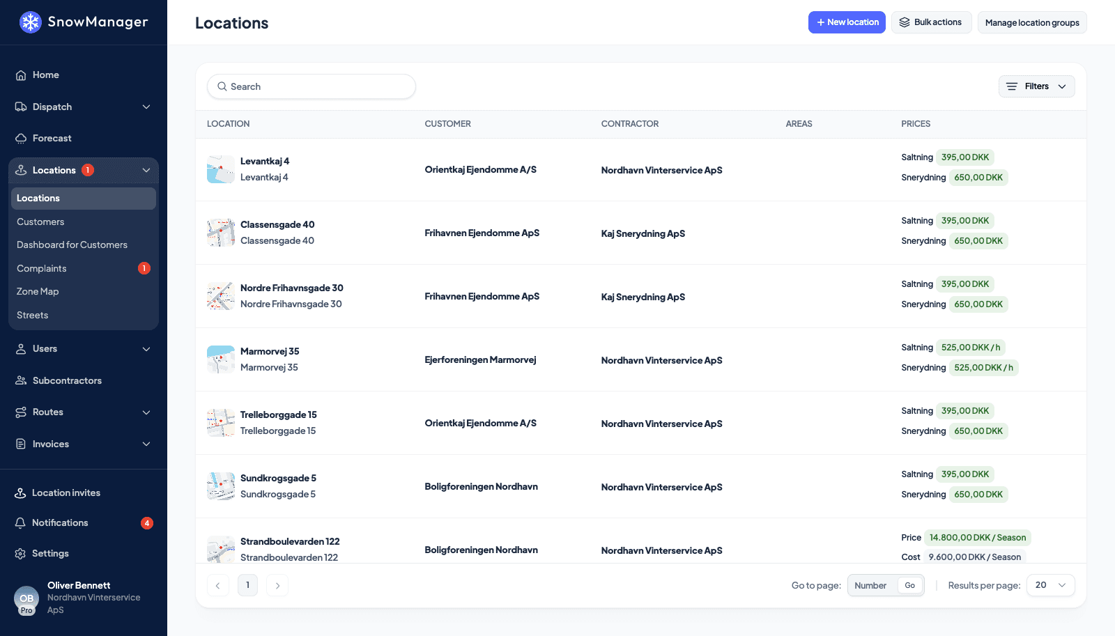 Adresslistan i SnowManager med priser per arbetstyp och säsong