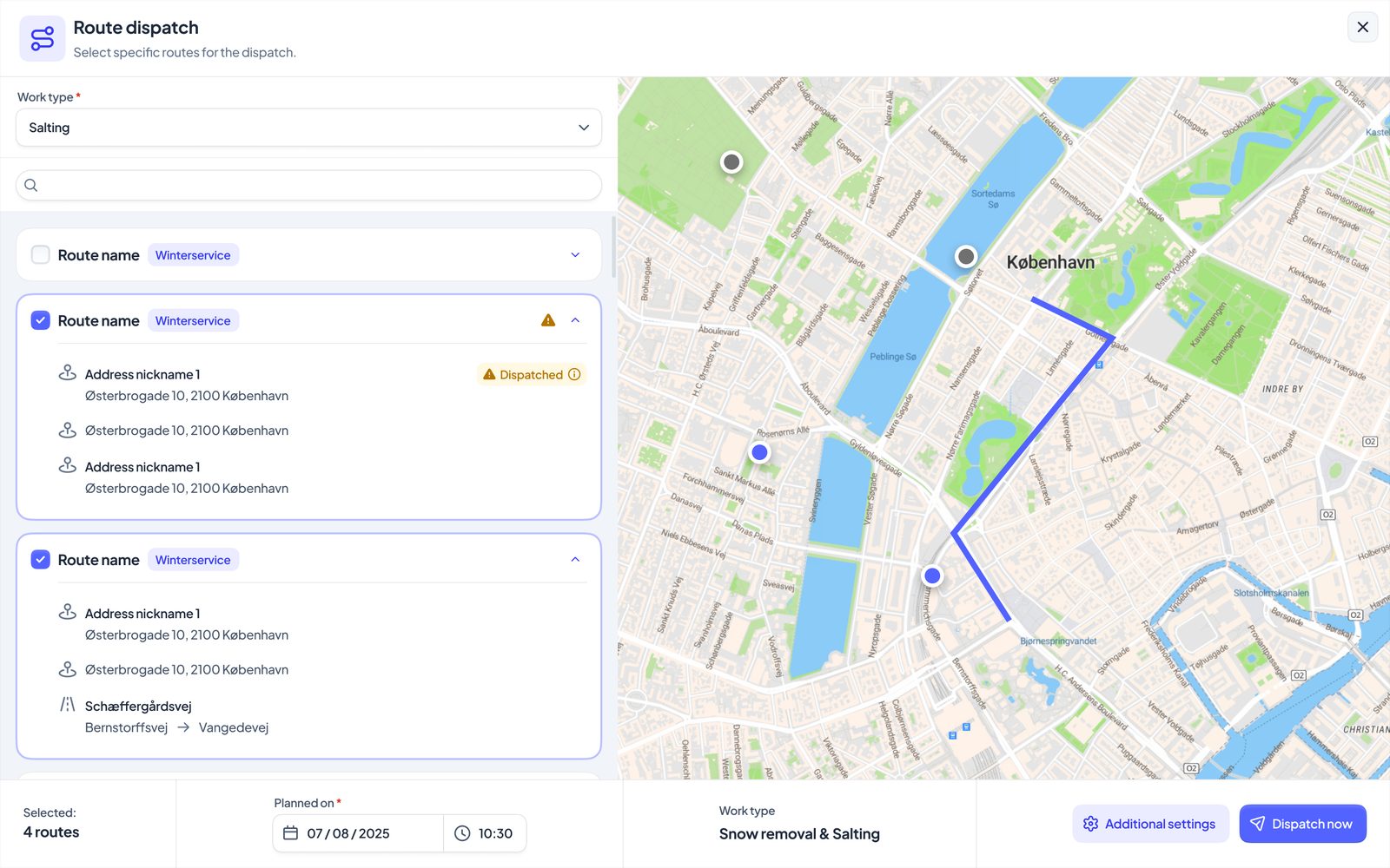 Ruttutkall i SnowManager med arbetstyp, rutter och planerad tid