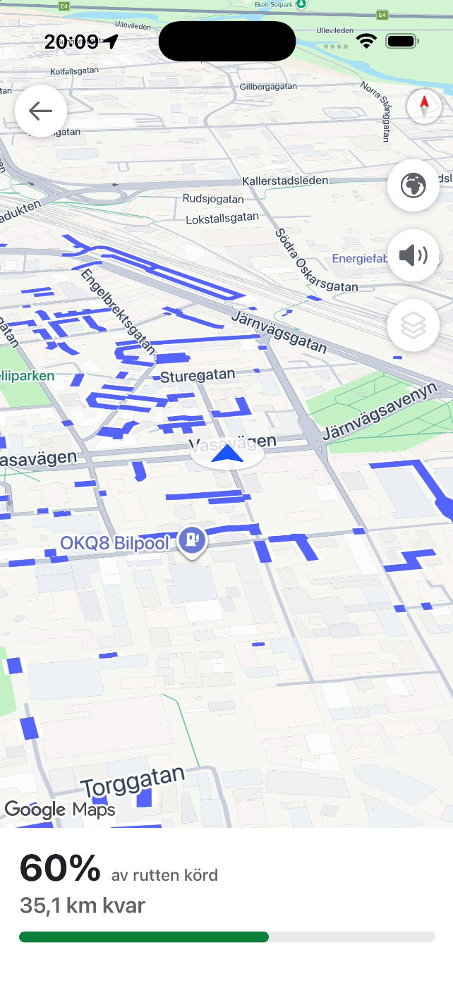 Vägrutt i SnowManager-appen där 60 procent av rutten är körd och 35,1 km återstår