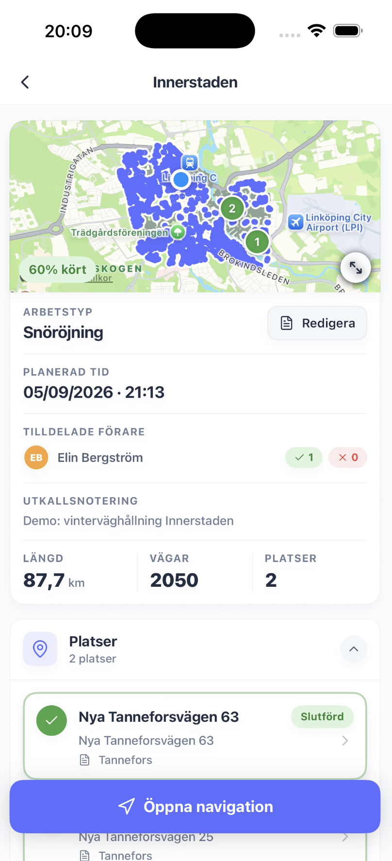 En vägrutt öppnad i SnowManager-appen med det målade vägnätet